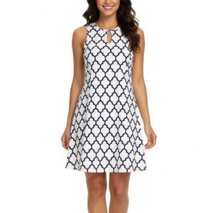 Jean-Pierre Kilfa NWT White Blue Tile Pattern Sleeveless Shift Dress Size M